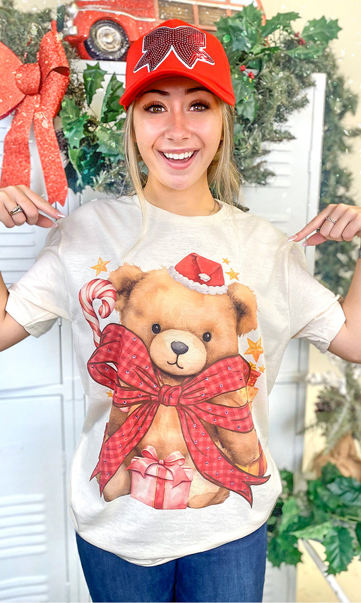 Toby Teddy Bear Christmas Rhinestone Graphic T-Shirt
