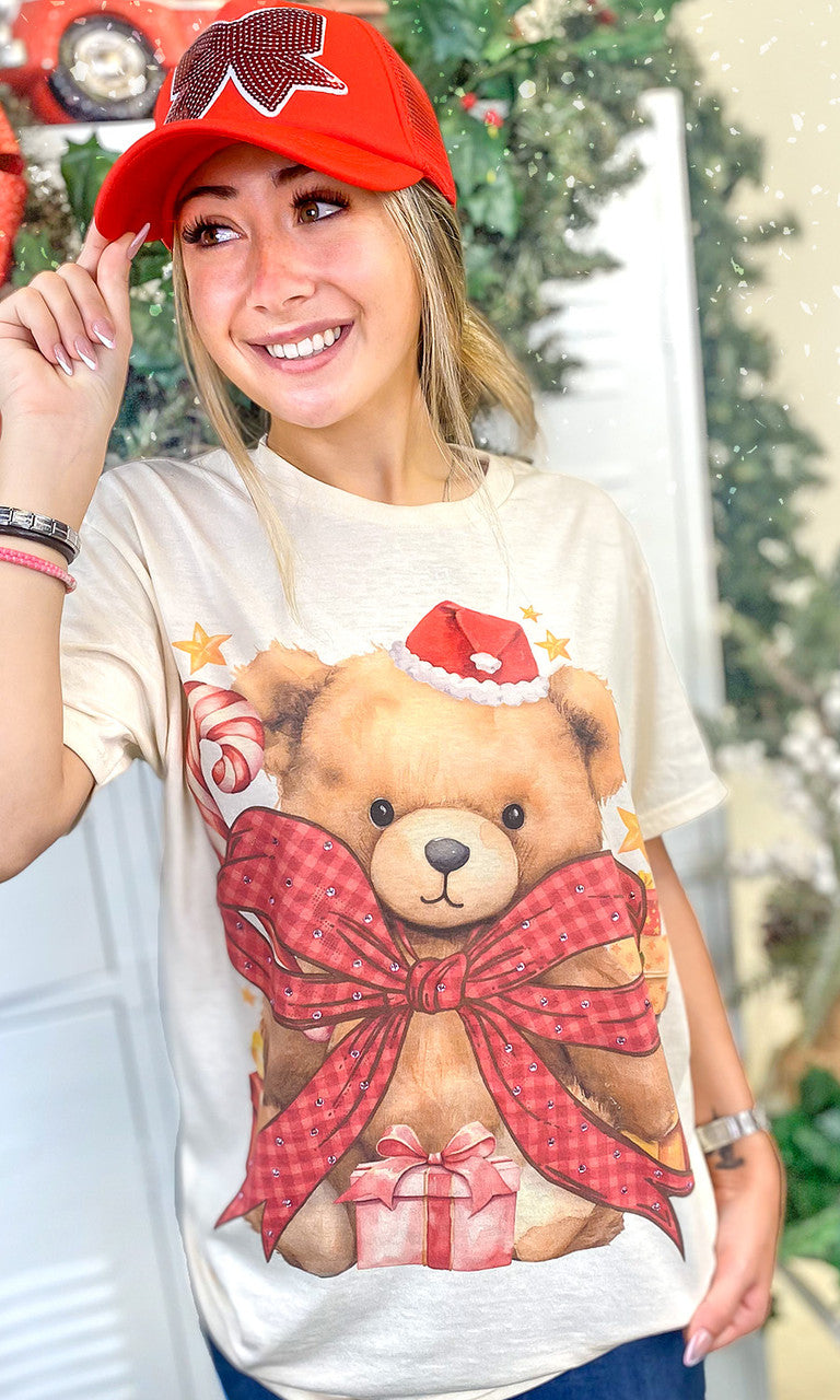 Toby Teddy Bear Christmas Rhinestone Graphic T-Shirt