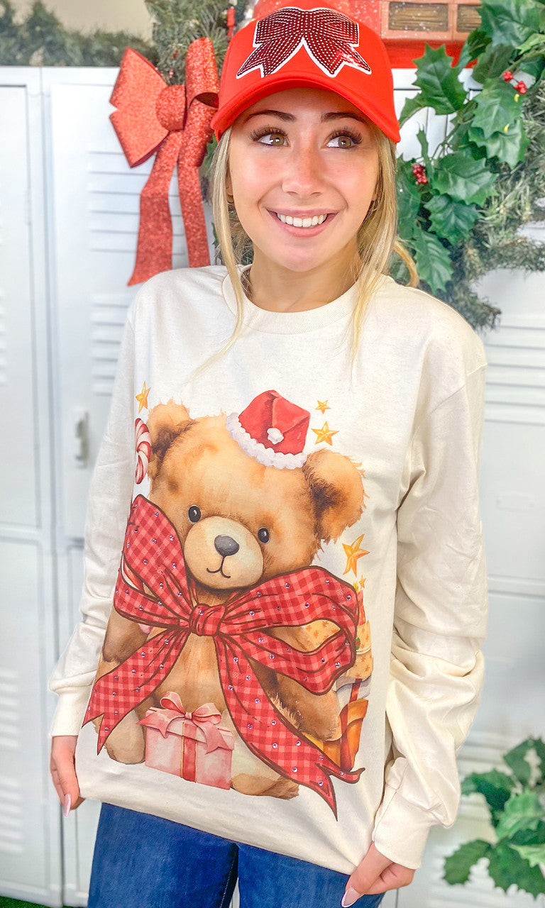 Toby Teddy Bear Christmas Rhinestone Graphic Long Sleeve T-Shirt