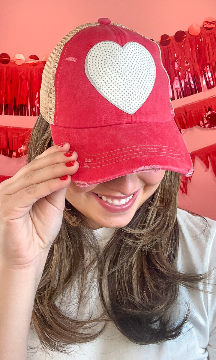 Sequin Heart Vintage Washed Hat
