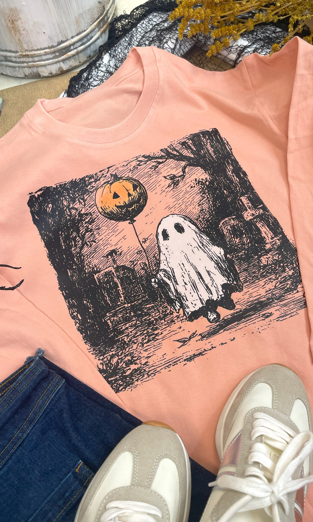 Vintage Ghost Balloon Halloween Graphic Long Sleeve T-Shirt by Tees2urdoor in blush with ghost balloon art