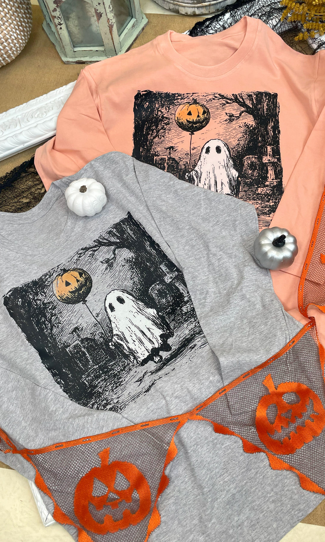Vintage Ghost Balloon Halloween Graphic Long Sleeve T-Shirt by Tees2urdoor with ghost and pumpkin scene.
