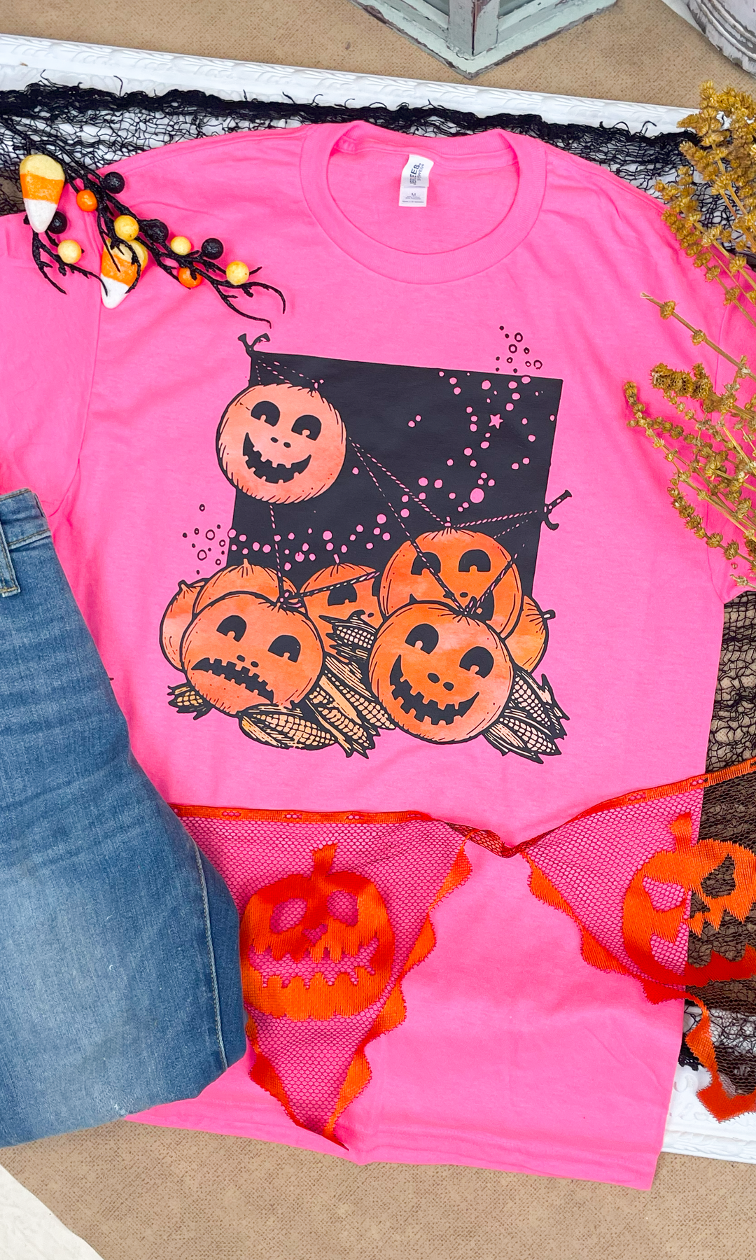 Vintage Pumpkin &amp; Corn Halloween Graphic T-Shirt