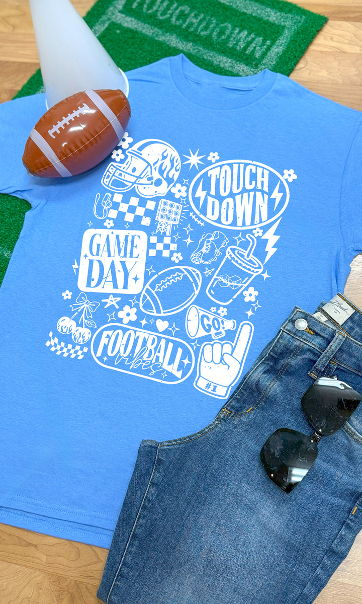 Carolina Blue Vintage Football Season Graphic T-Shirt featuring fun football-themed designs, perfect for game day vibes.