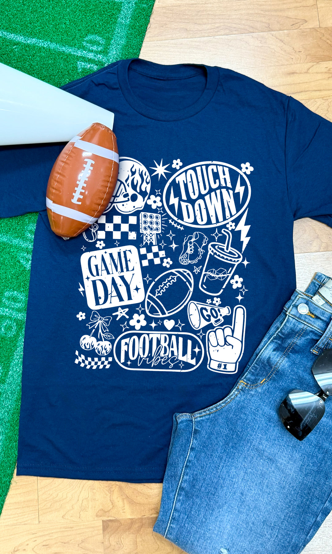 Navy Vintage Football Season Graphic T-Shirt featuring fun football-themed designs, perfect for game day vibes.