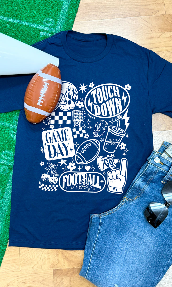 Navy Vintage Football Season Graphic T-Shirt featuring fun football-themed designs, perfect for game day vibes.