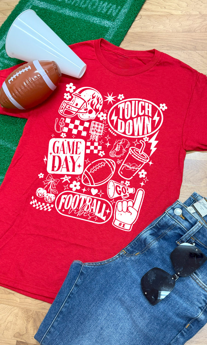 Vintage Football Season Graphic T-Shirt in red, perfect for game day style with fun football-themed graphics.