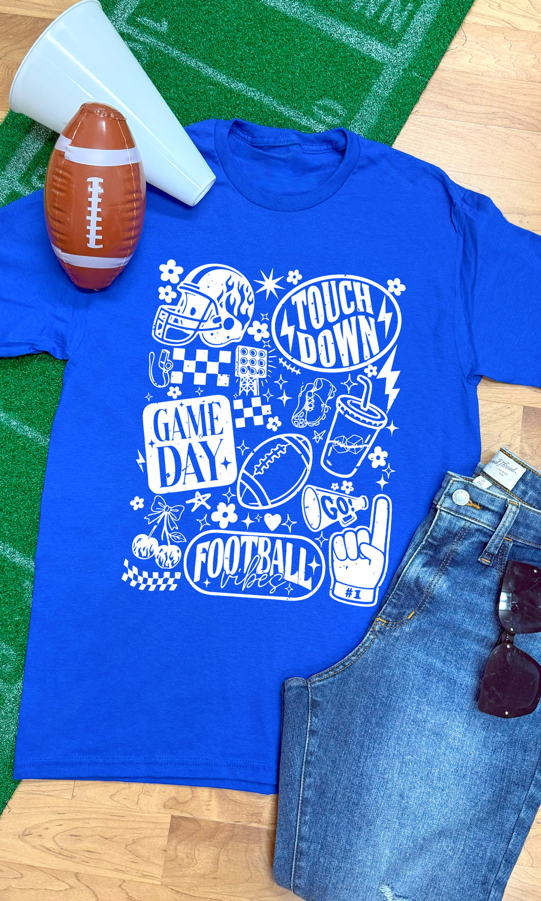 Blue Vintage Football Season Graphic T-Shirt featuring fun football-themed designs for game day vibes.