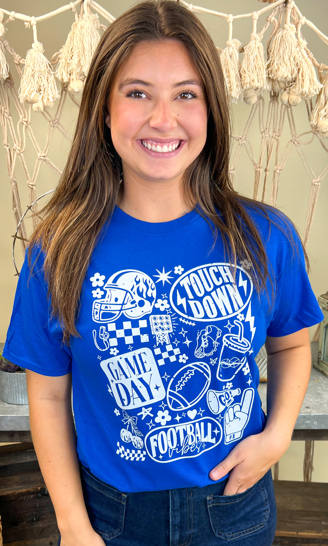 Stylish Vintage Football Season Graphic T-Shirt in blue, perfect for game day vibes and football enthusiasts.