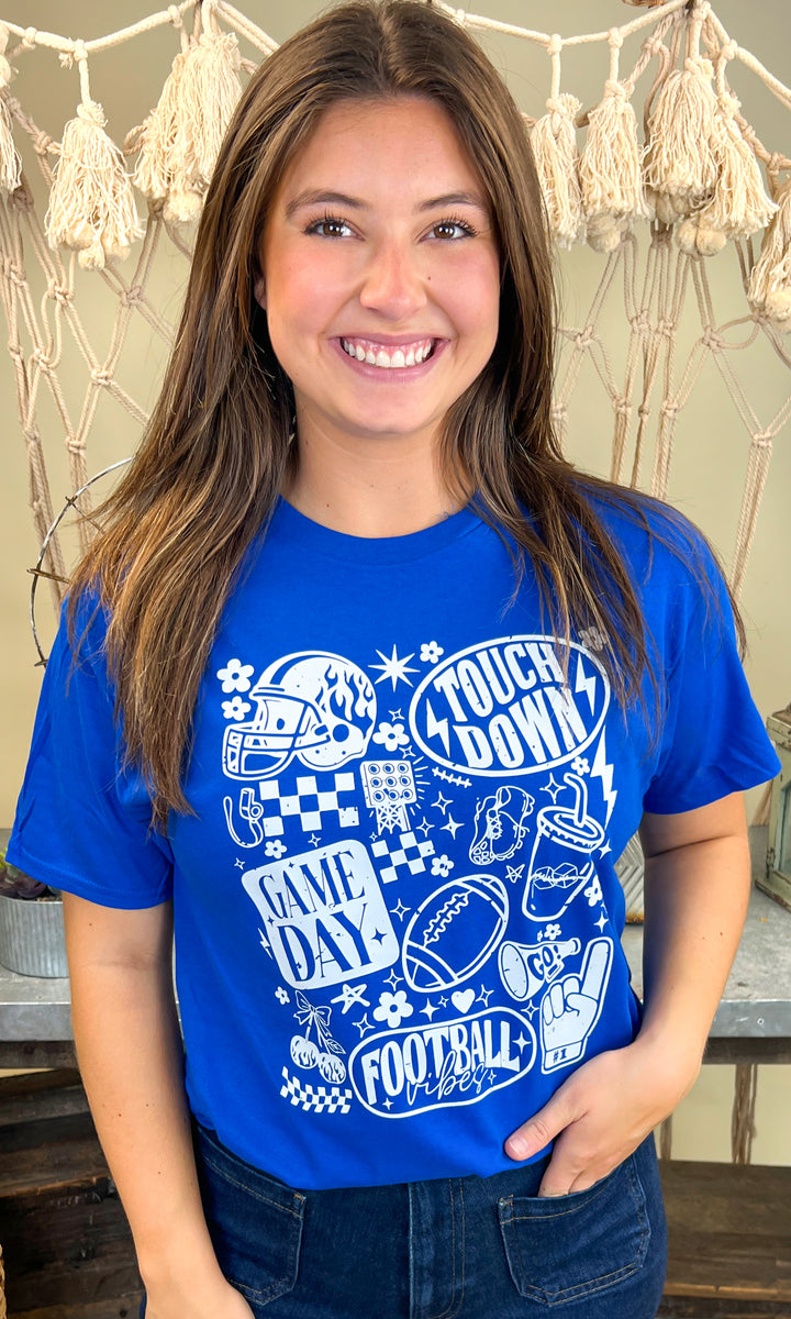 Stylish Vintage Football Season Graphic T-Shirt in blue, perfect for game day vibes and football enthusiasts.