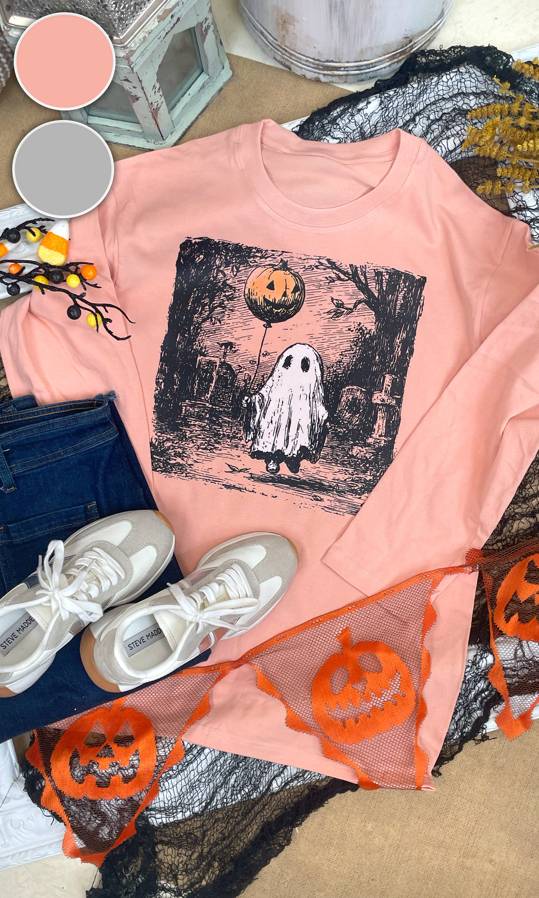 Vintage Ghost Balloon Halloween Graphic Long Sleeve T-Shirt by Tees2urdoor in blush pink featuring a ghost with a pumpkin balloon.