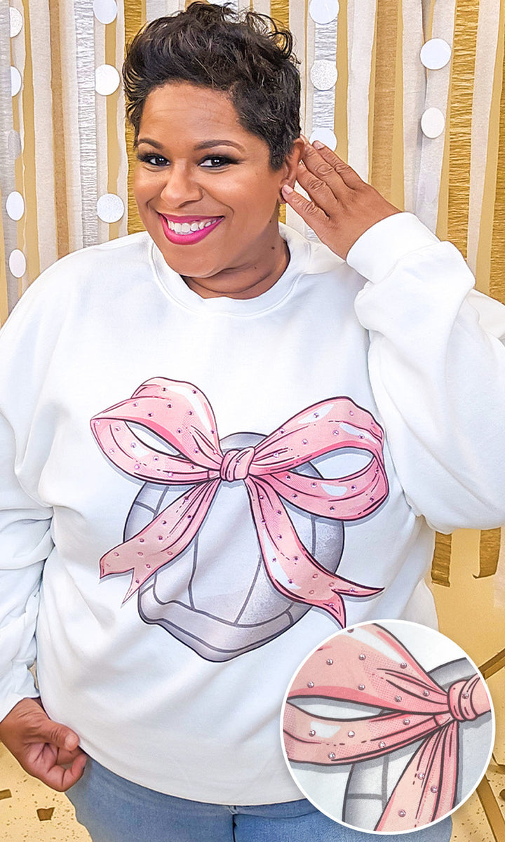 Volleyball Pink Bow Rhinestone Graphic Sweatshirt