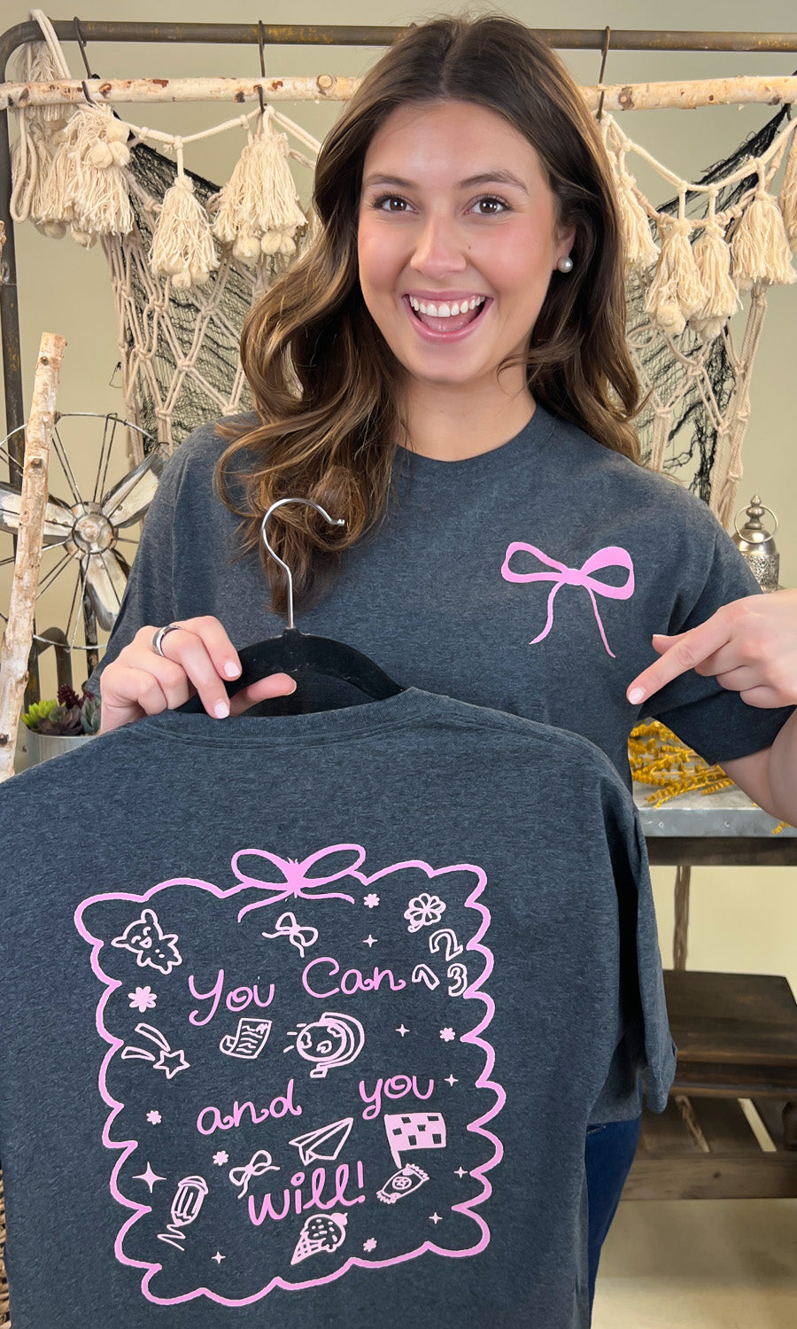 Stylish You Can and You Will Teacher Graphic Shirt displayed on a model, perfect for inspiring educators.