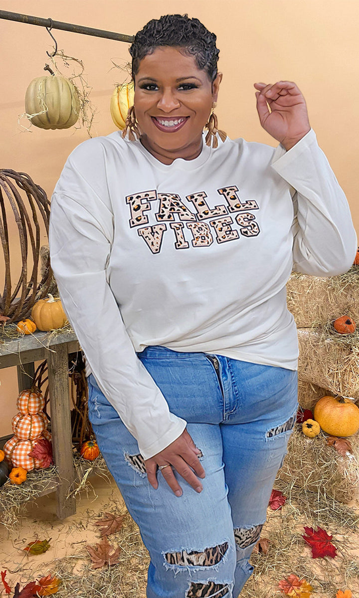 Leopard Ideal Chenille Fall Vibes Graphic Boyfriend Long Sleeve T-Shirt
