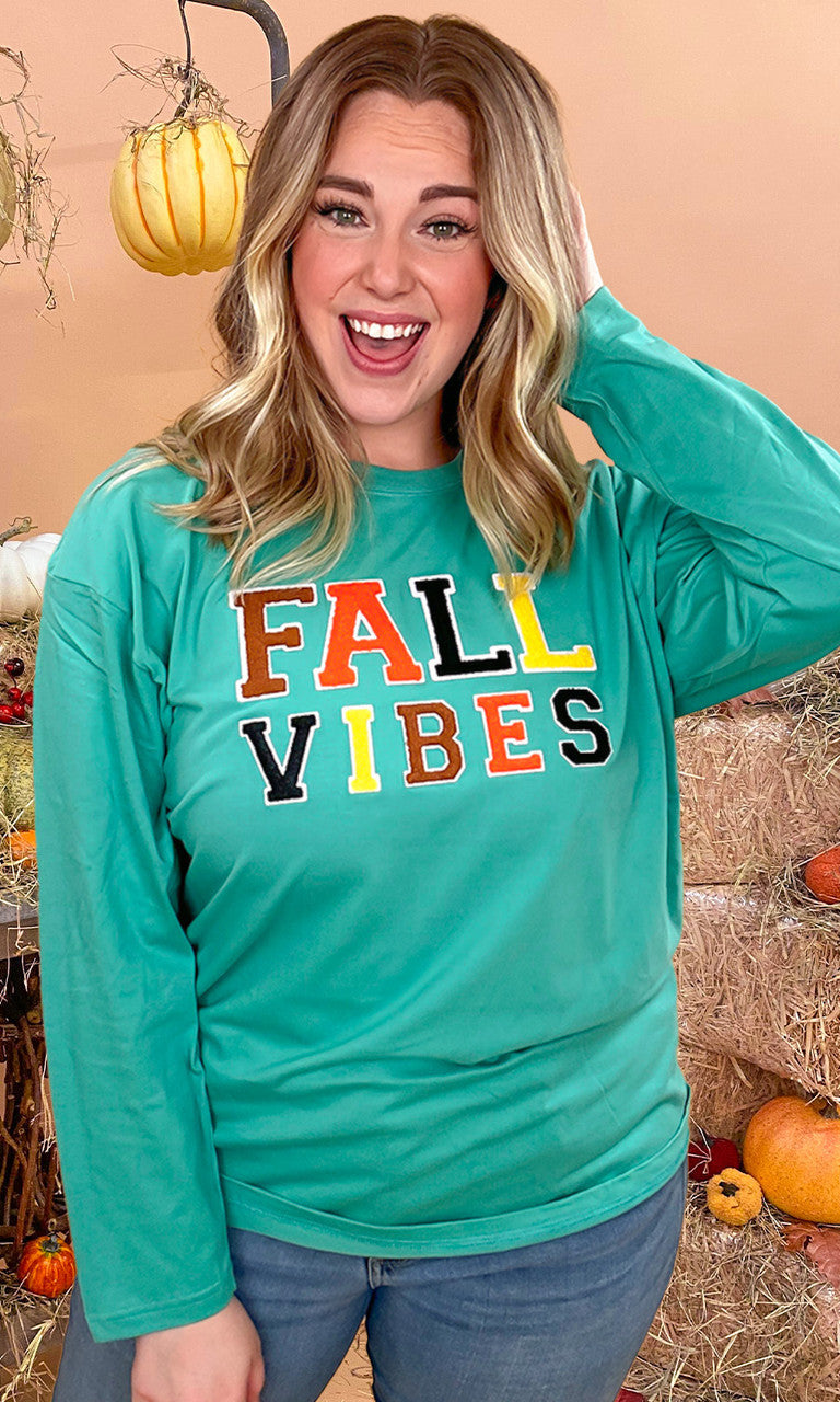 Soft Chenille Fall Vibes Graphic Boyfriend Long Sleeve T-Shirt