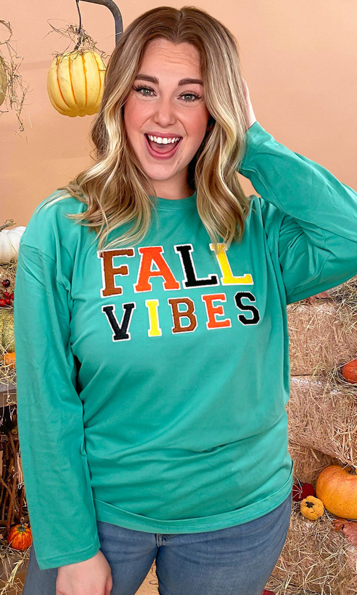 Soft Chenille Fall Vibes Graphic Boyfriend Long Sleeve T-Shirt