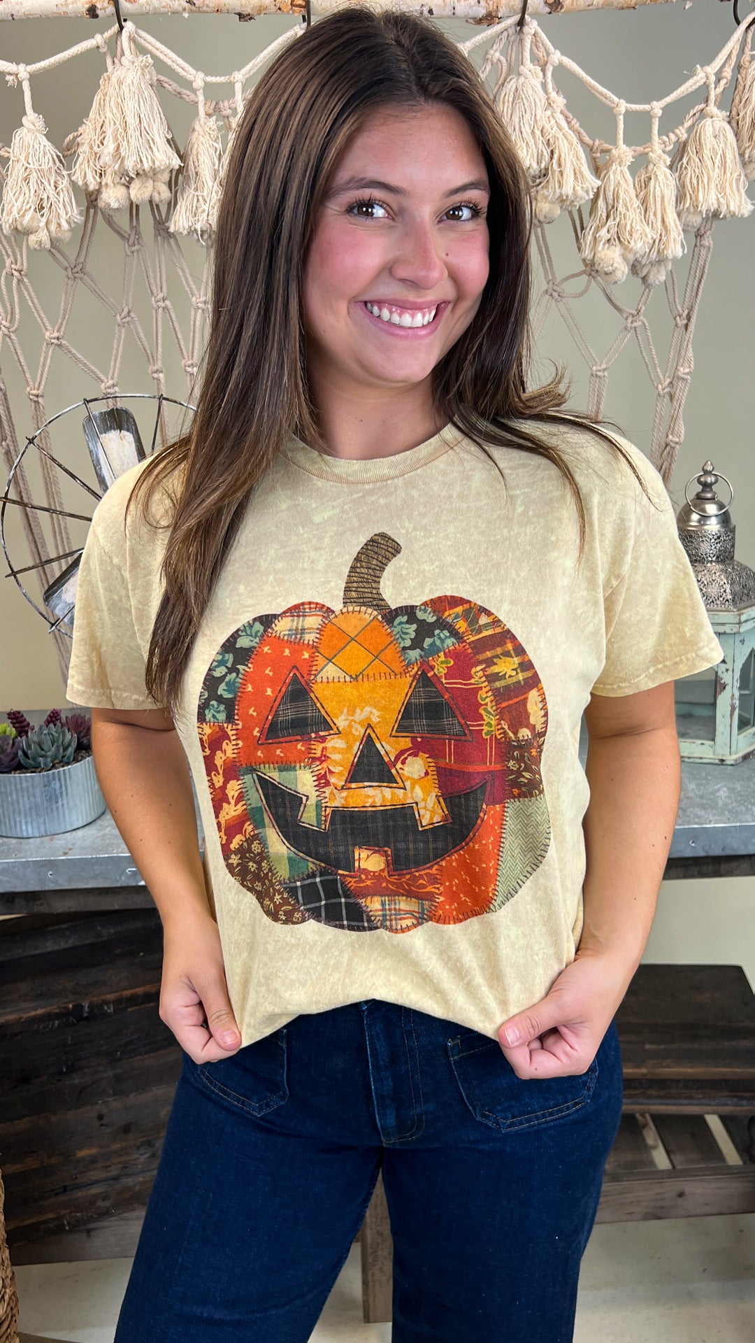 Patchwork Pumpkin Halloween Mineral Washed Graphic Shirt