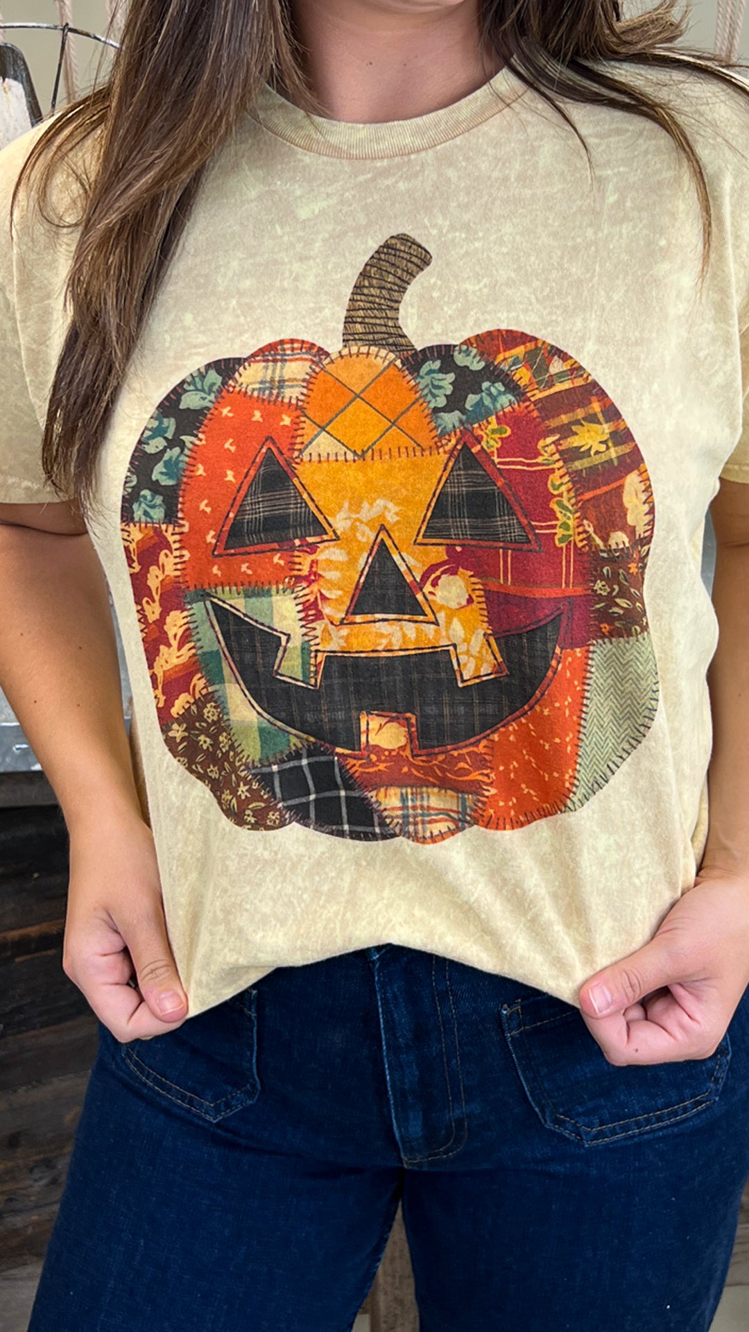 Patchwork Pumpkin Halloween Mineral Washed Graphic Shirt