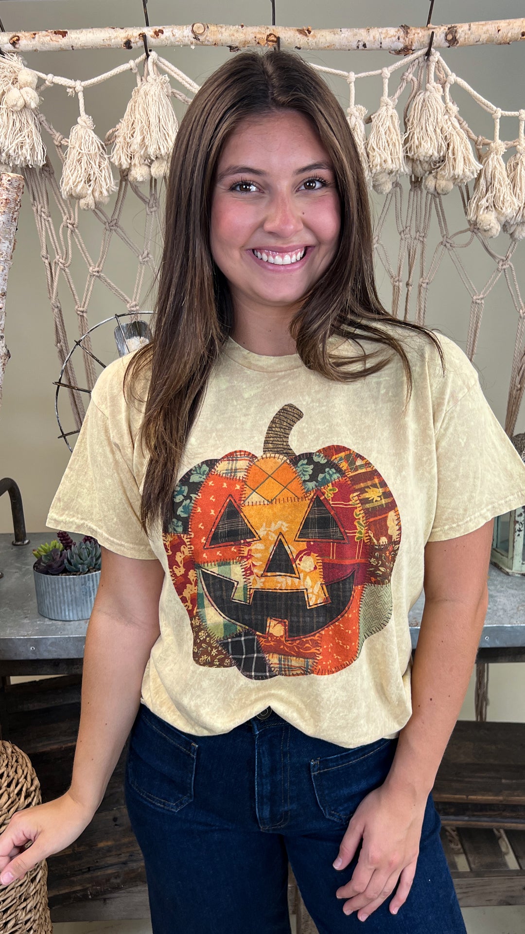 Patchwork Pumpkin Halloween Mineral Washed Graphic Shirt