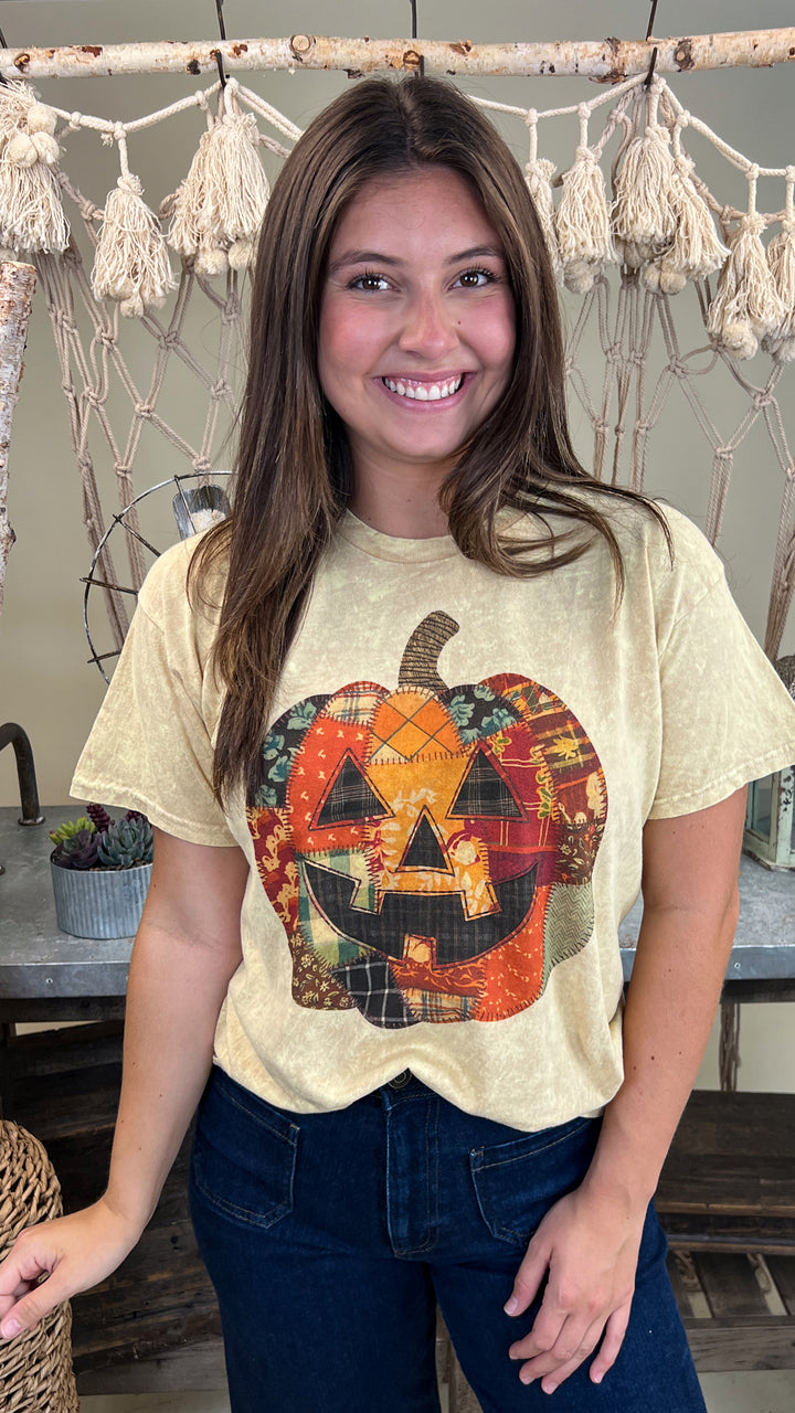 Patchwork Pumpkin Halloween Mineral Washed Graphic Shirt