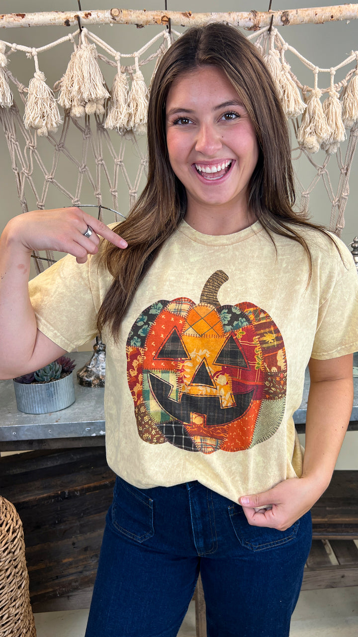 Patchwork Pumpkin Halloween Mineral Washed Graphic Shirt