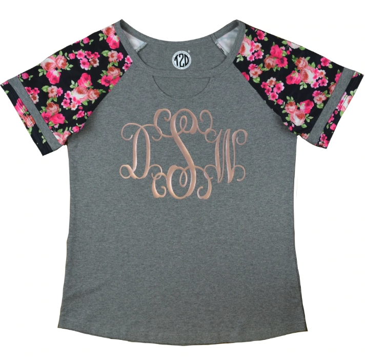 Grey Floral Fashion Keyhole Monogram T-Shirt