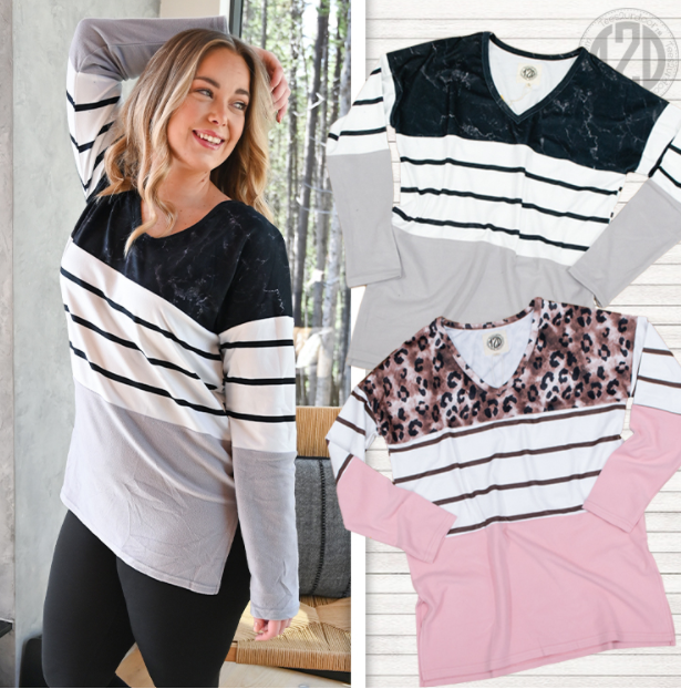 Colorblock Striped Long Sleeve V-Neck Top